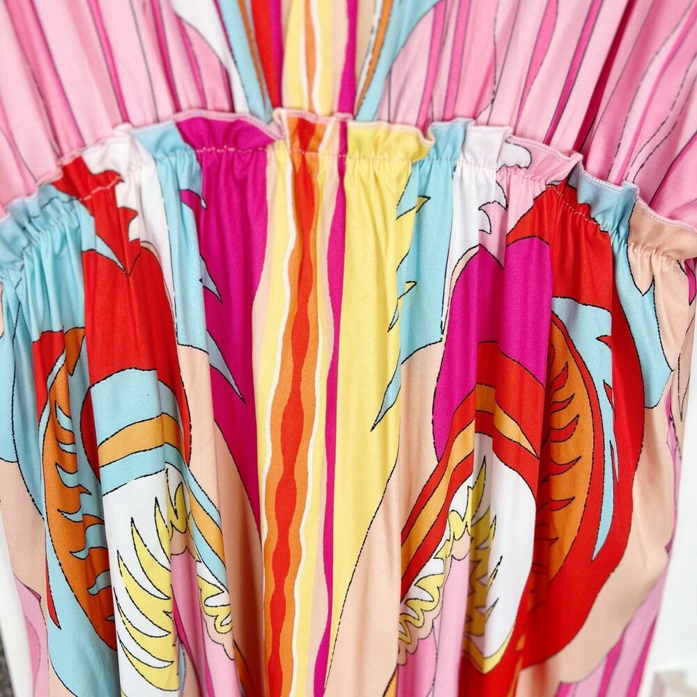 Pink Abstract Batwing Sleeve Elastic Waist Button Down Summer Maxi Dress Size XL - Picture 13 of 16